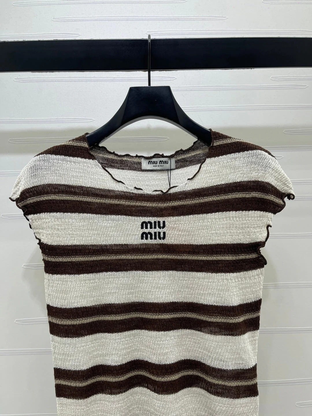 Miumiu 2026 Color-blocked Striped Knit Short-sleeved Top Cotton 380669