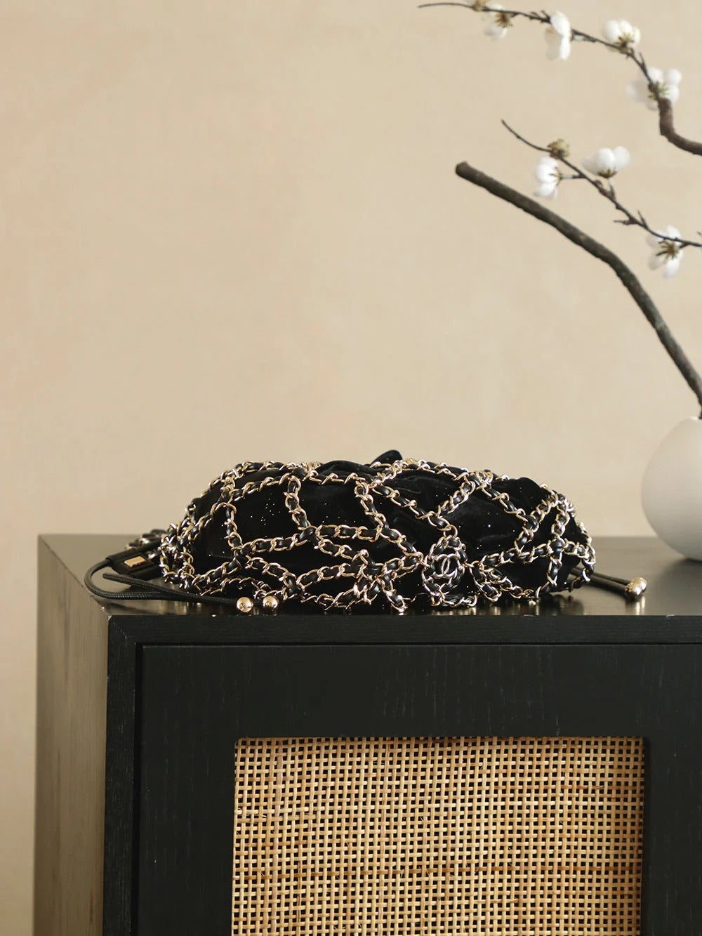 Chanel 2026 Chain Net Bag 42cm Black Gold Metal Velvet