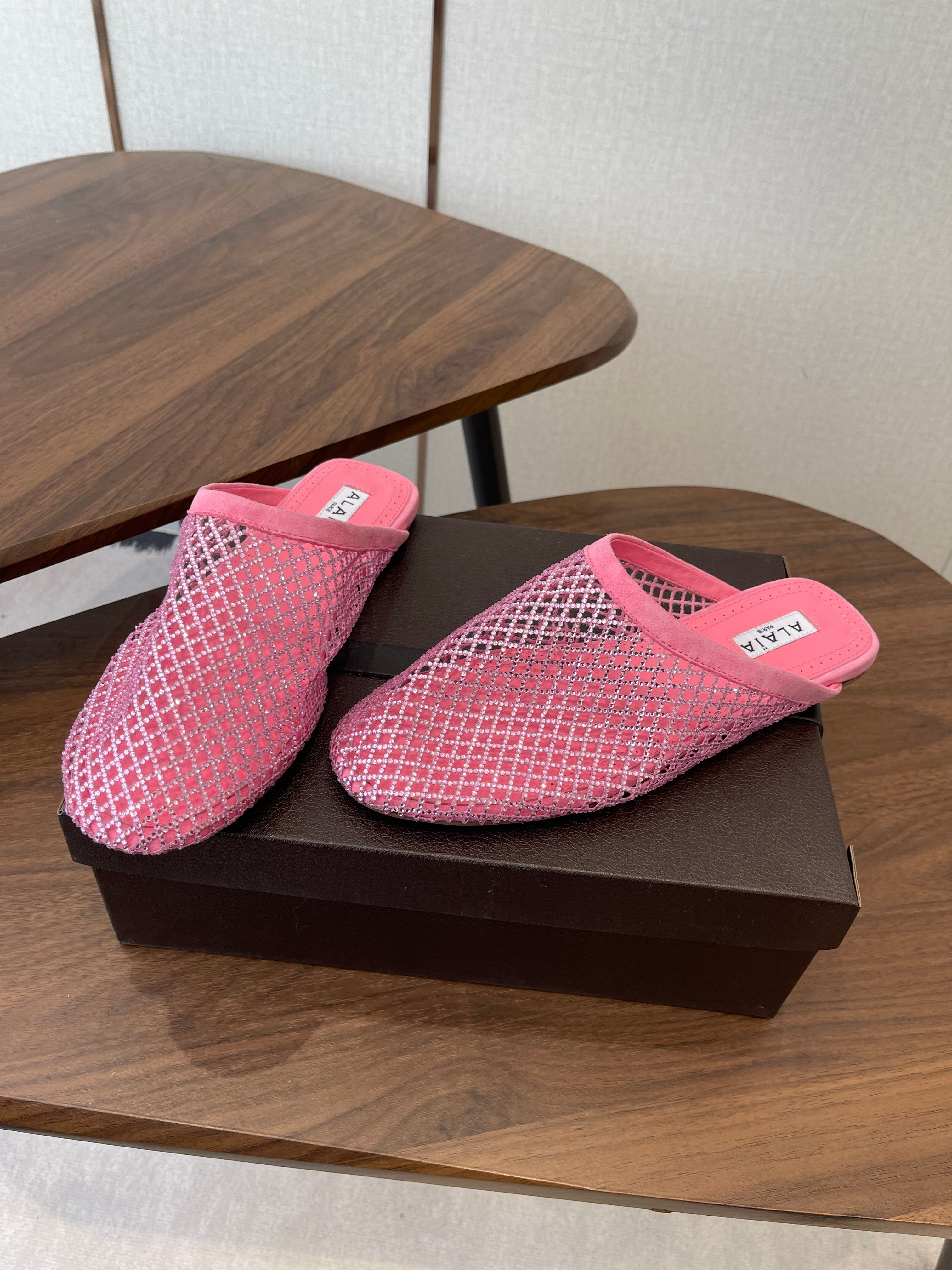 Alaia 26 Half-Slippers Pink Mesh Rhinestones 624902