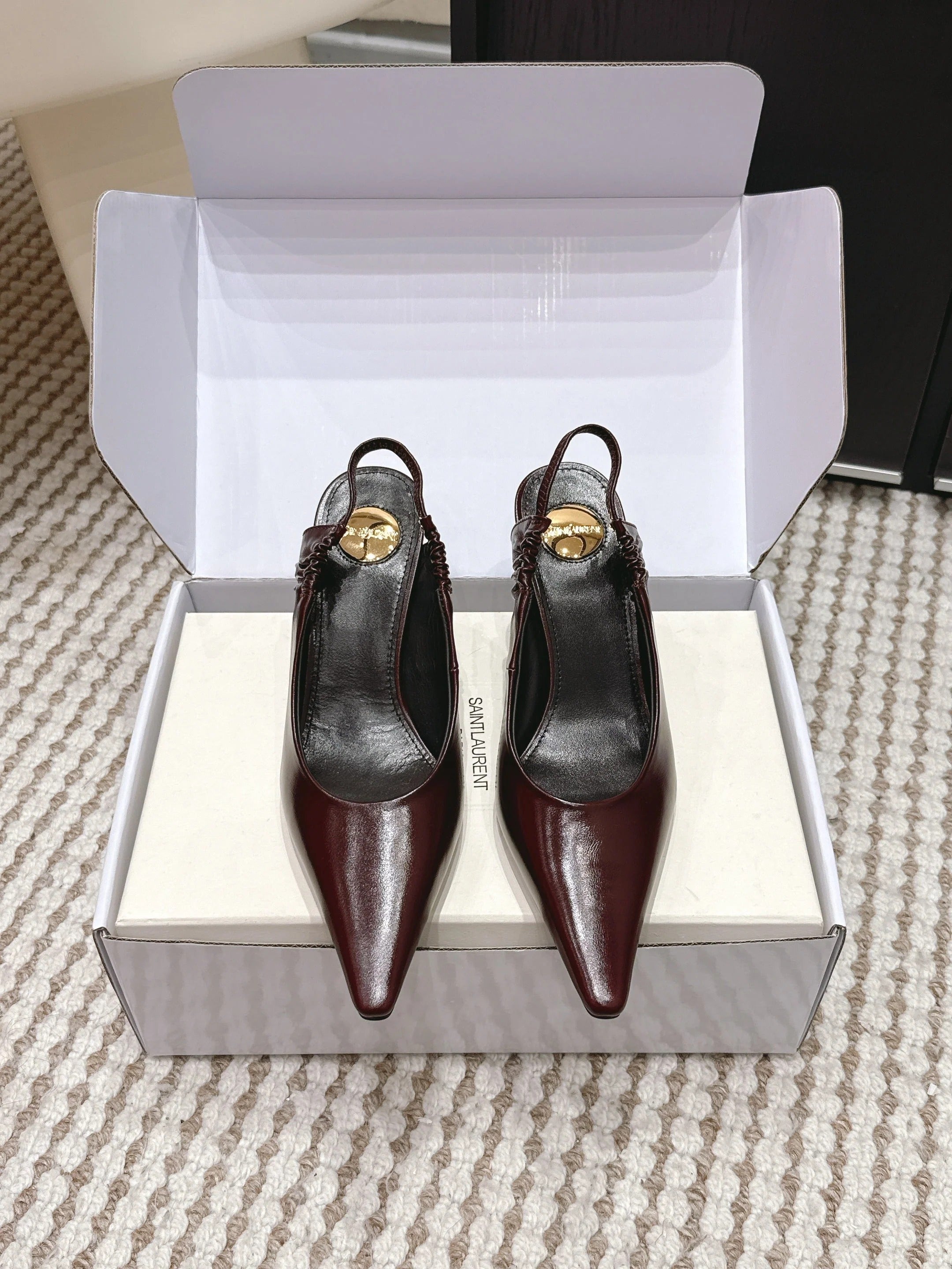 YSL 26ss Slingback 75 Burgundy Glossy Leather 654717