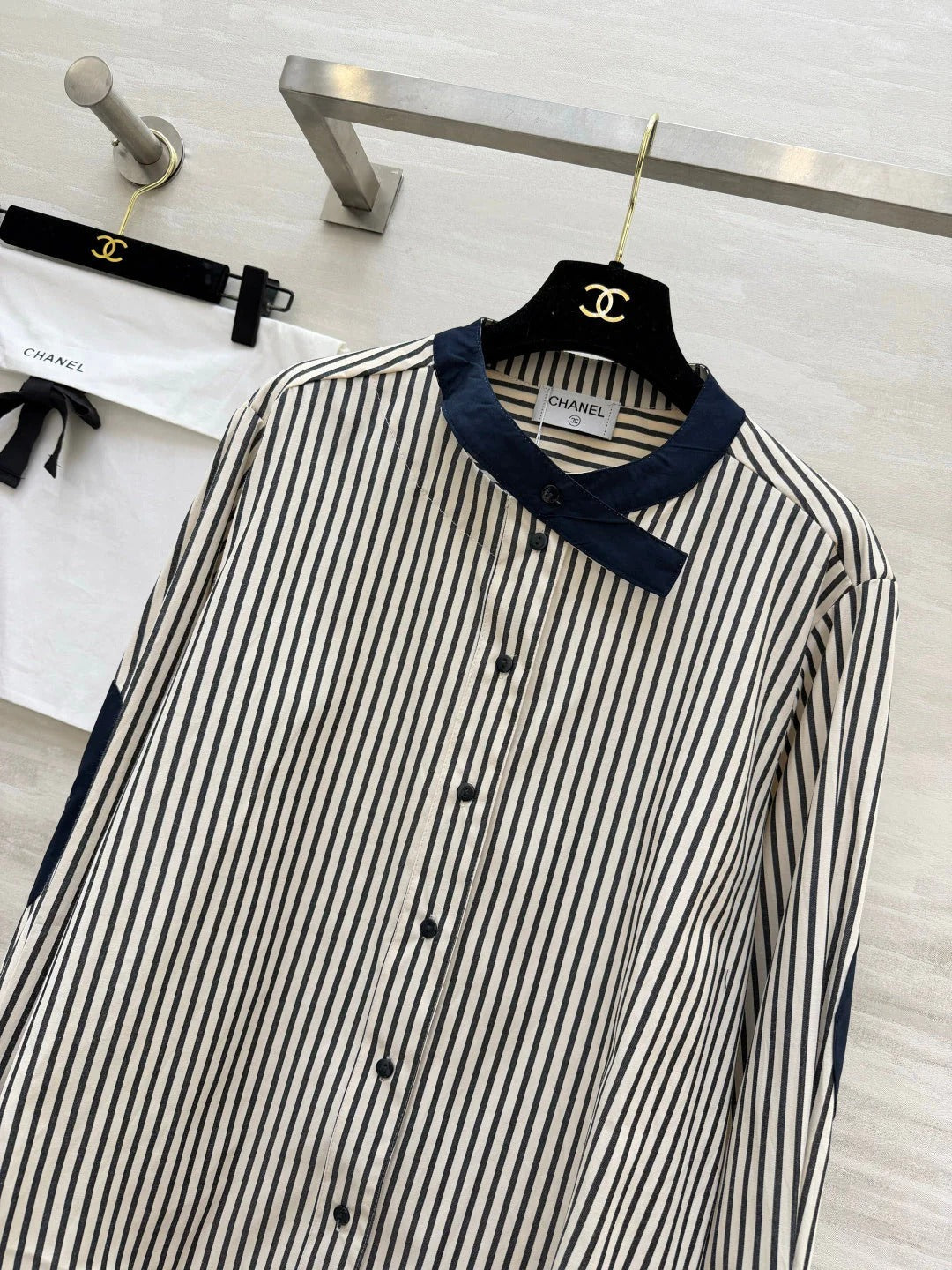 Chanel 2026 Striped Shirt Black White Blue Cotton 391144