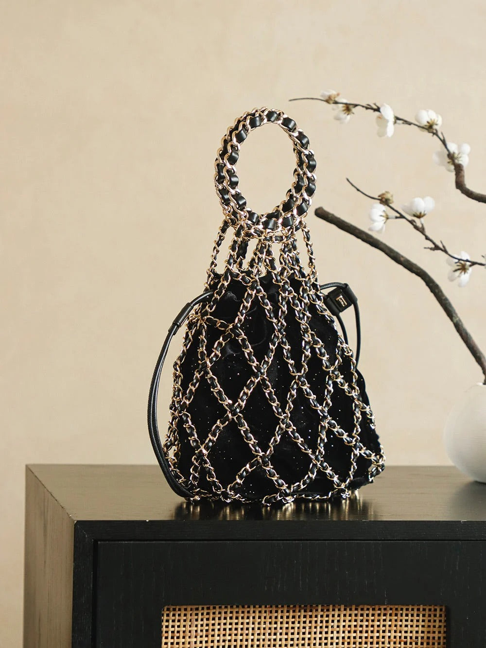Chanel 2026 Chain Net Bag 42cm Black Gold Metal Velvet