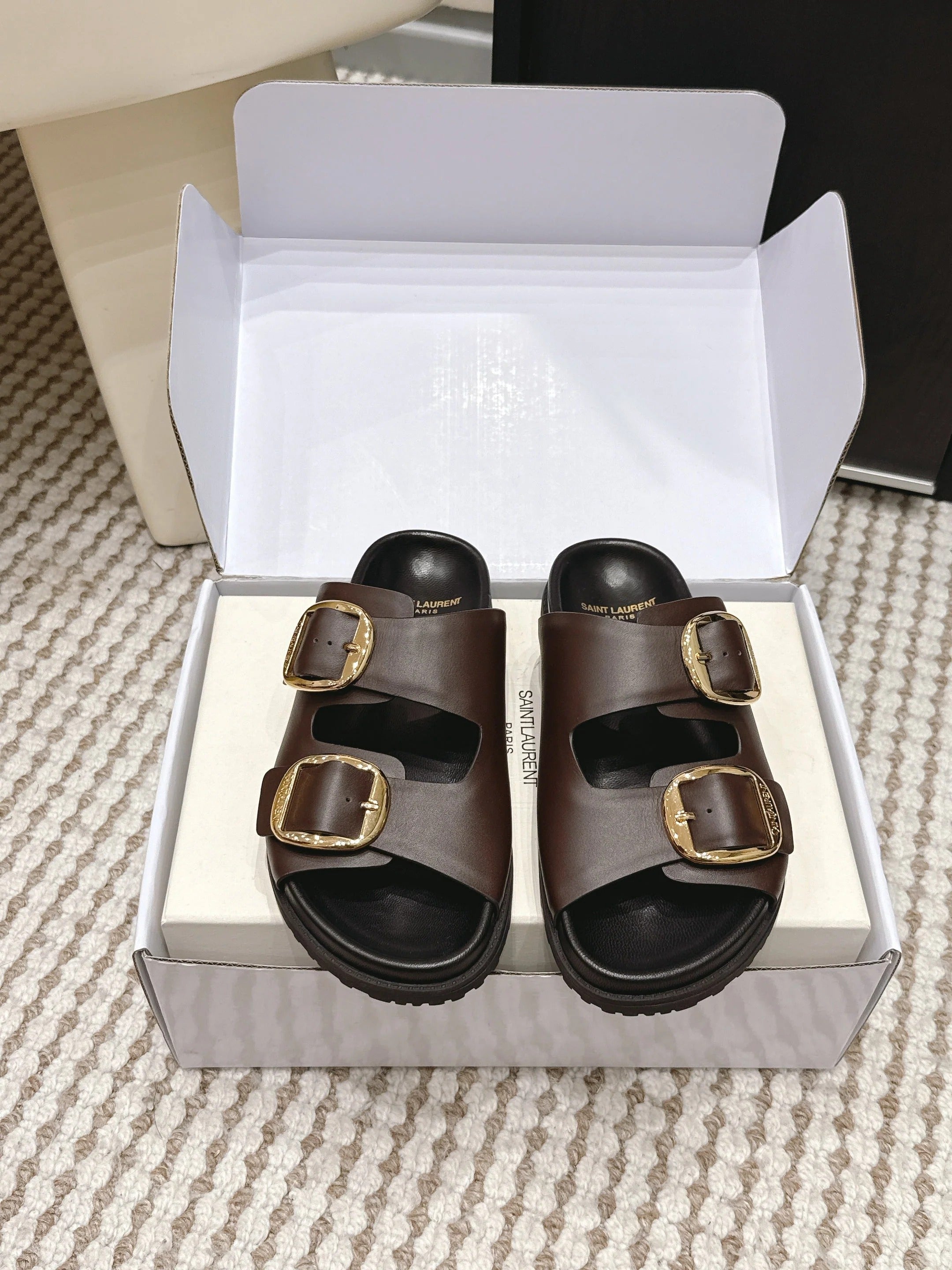 YSL 26ss Platform Slippers Black Dark Brown Sheepskin 663208