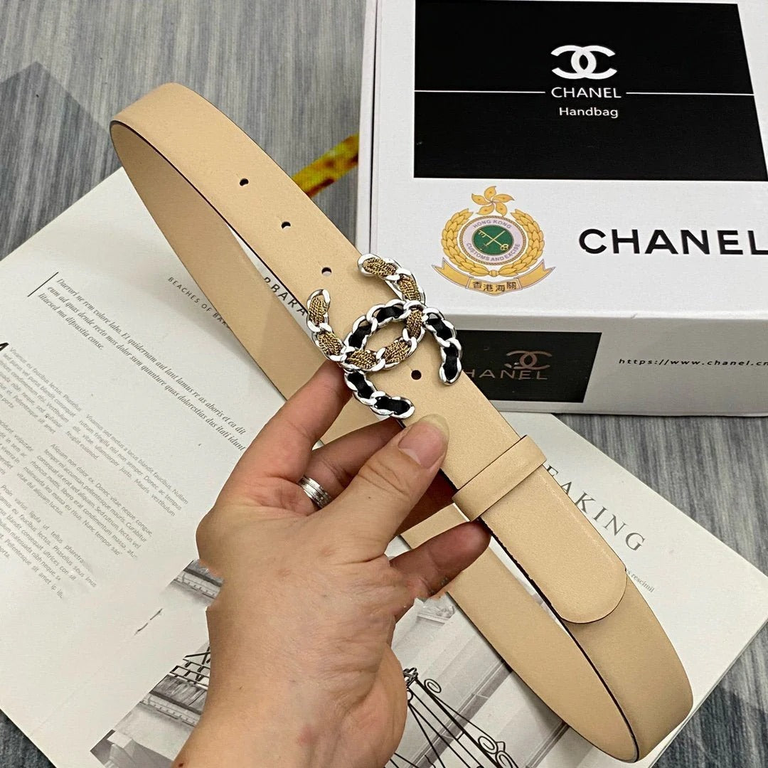 CC Women's Belt 3.0CM Beige Cowhide Gold Sliver Black Buckle 586518