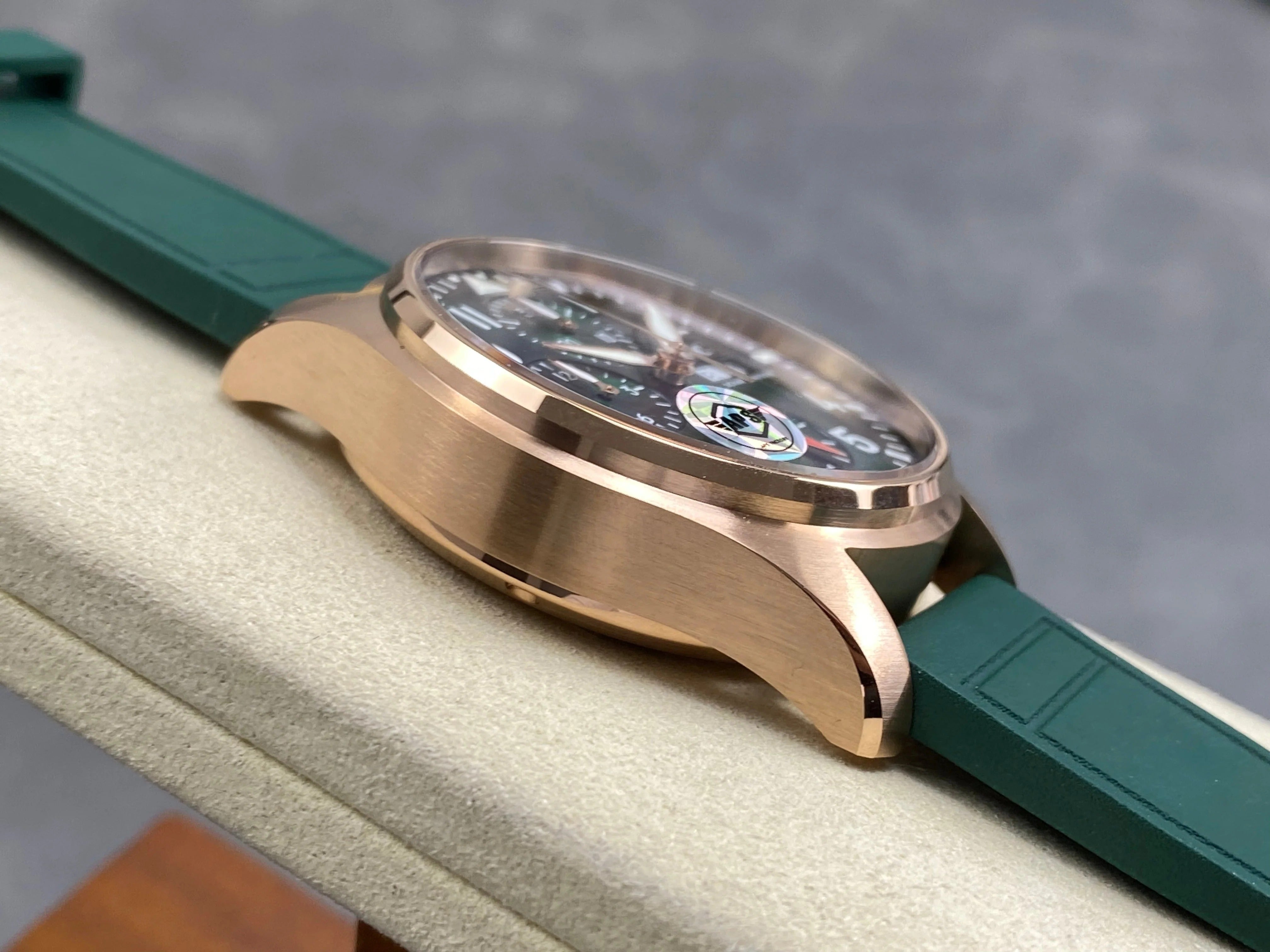 IWC Pilot's Chronograph 41 Pink Gold Case Green Dial Rubber Strap