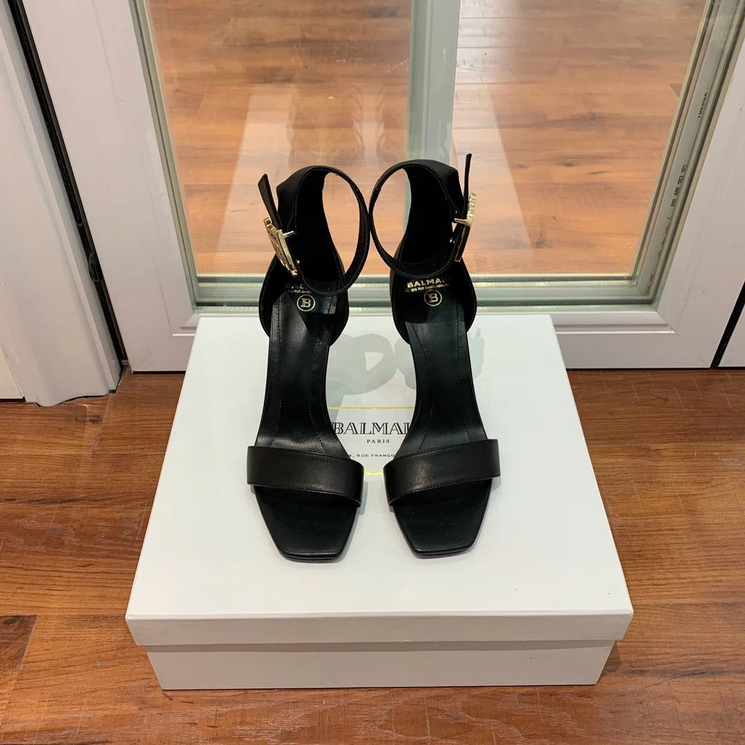 BALMAIN 25S THIN STRAP HIGH HEELS 105MM IN BLACK CALFSKIN GOLD HARDWARE