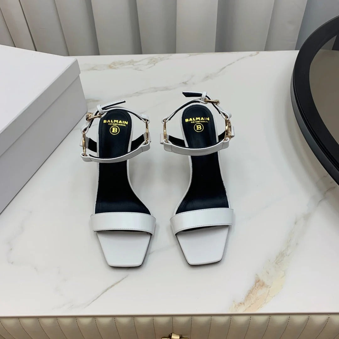 BALMAIN 25S HIGH HEELS WITH B METAL DETAIL 95MM IN LIGHT GRAY CALFSKIN