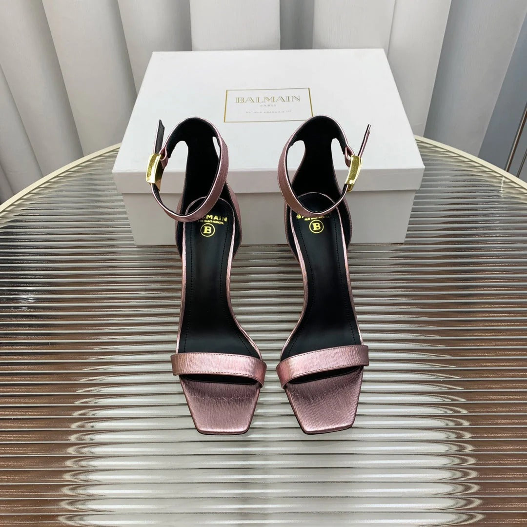 BALMAIN 25S METAL BUCKLE HIGH HEELS 95MM IN IRIDESCENT PURPLE CALFSKIN