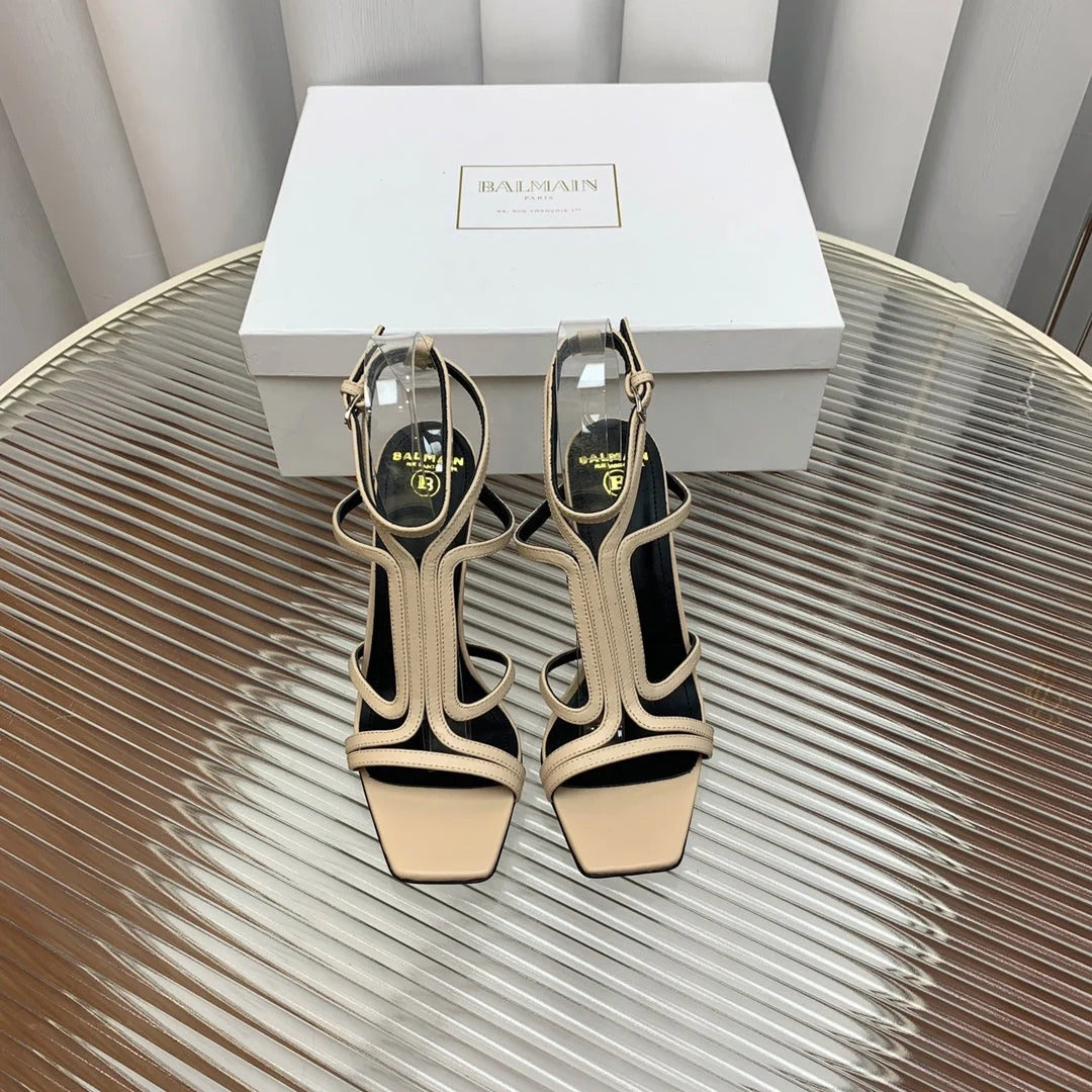 BALMAIN 25S MONETA SANDAL 95MM IN WARM BEIGE CALFSKIN
