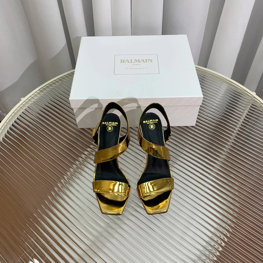 BALMAIN 25S HIGH HEEL SANDALS 95MM IN GOLD GLOSSY CALFSKIN
