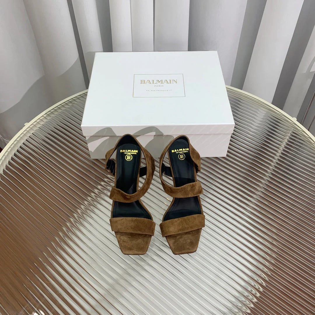 BALMAIN 25S HIGH HEEL SANDALS 95MM IN BROWN SUEDE