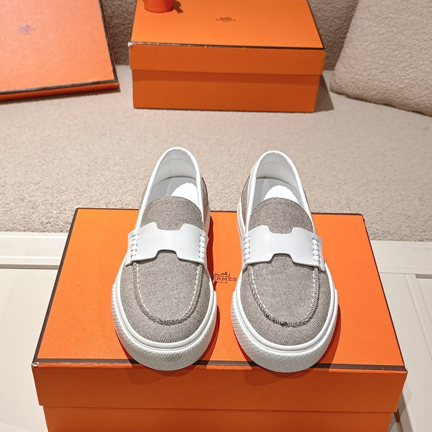 HM 25ss Platform Loafers Gray White Denim Cowhide 577167