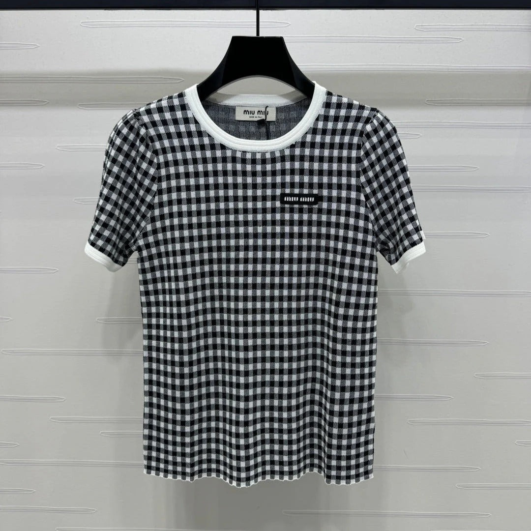 MIUMIU CREW NECK SHORT-SLEEVE PLAID KNIT TOP 274833