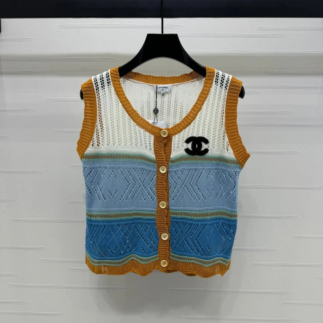 CHANEL EMBROIDERED LOGO OPEN-KNIT VEST 274868