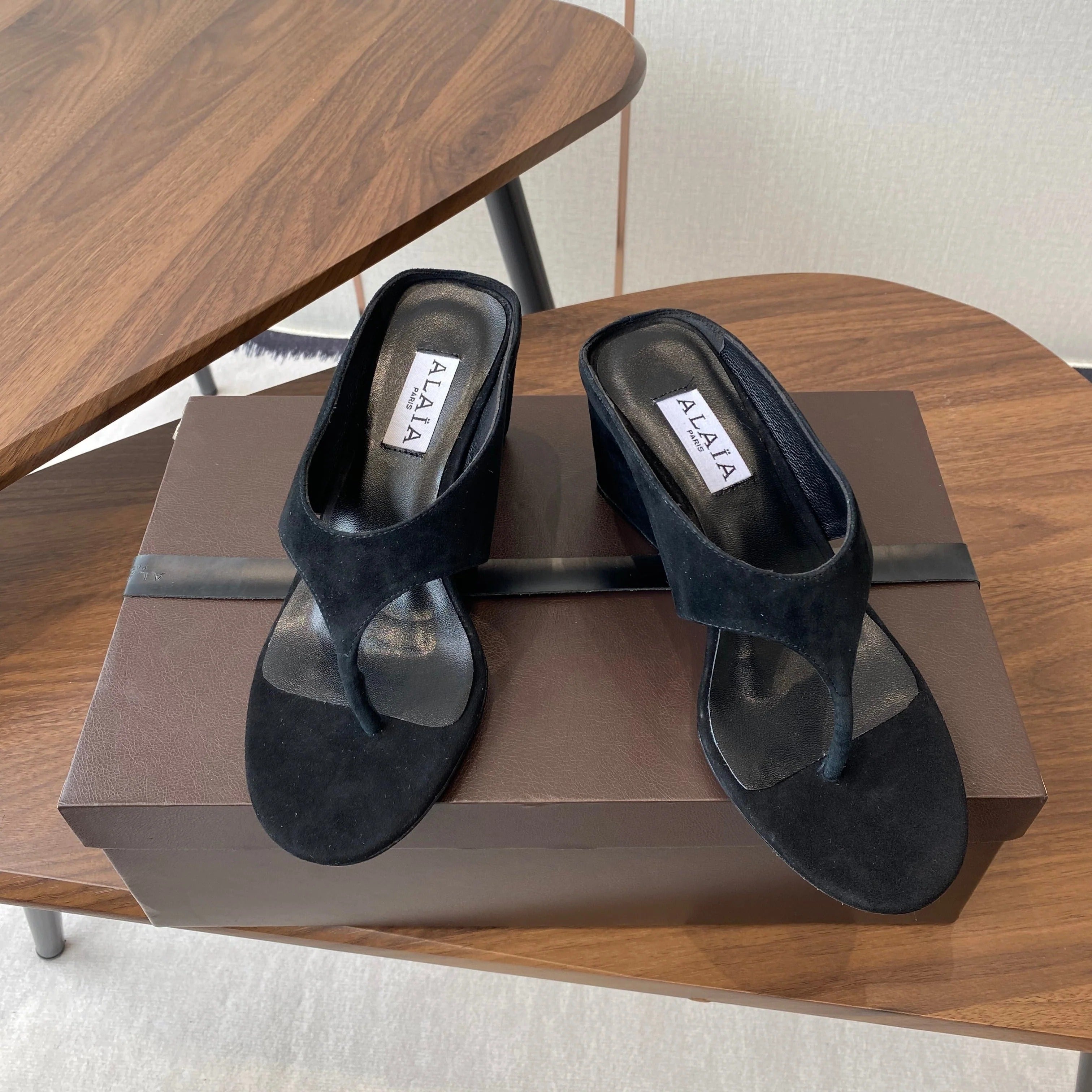 Alaia Wedge Thong Sandals 25s In Black Suede