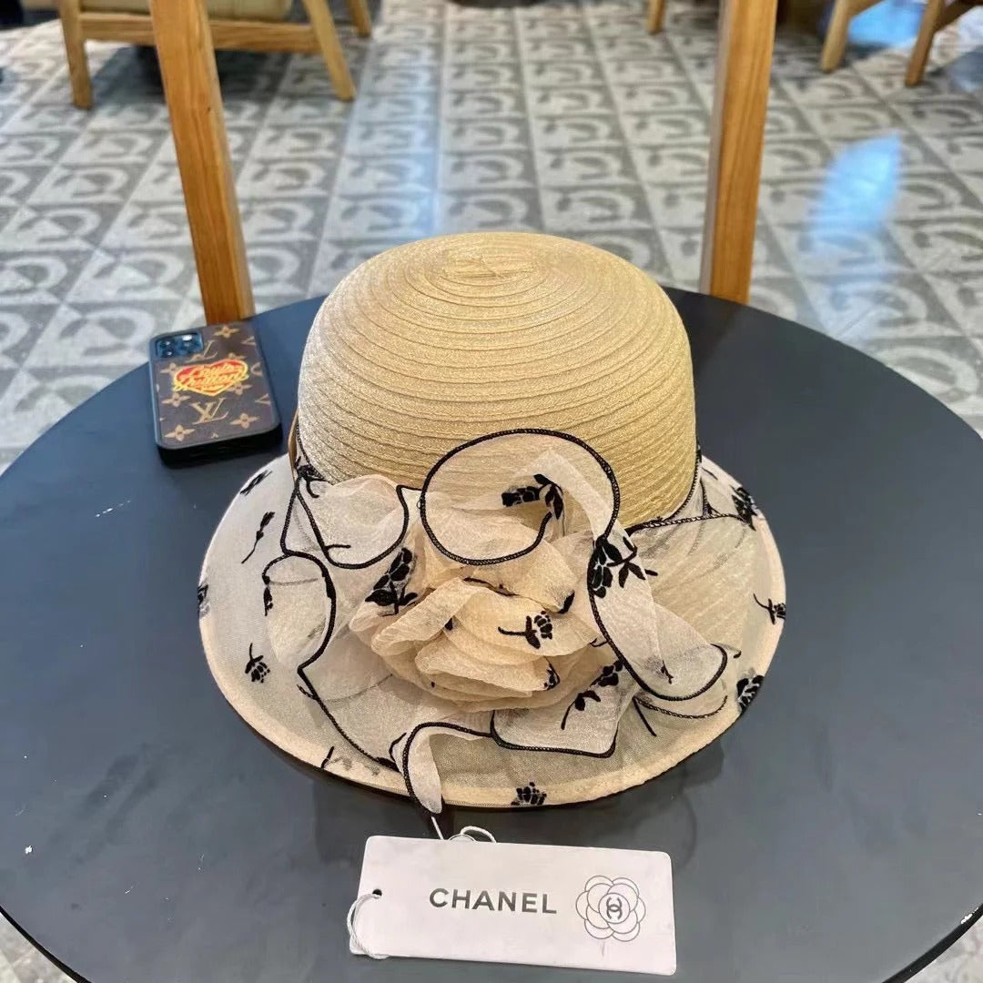 STRAW HAT WITH CHIFFON FLOWER BEIGE 672761