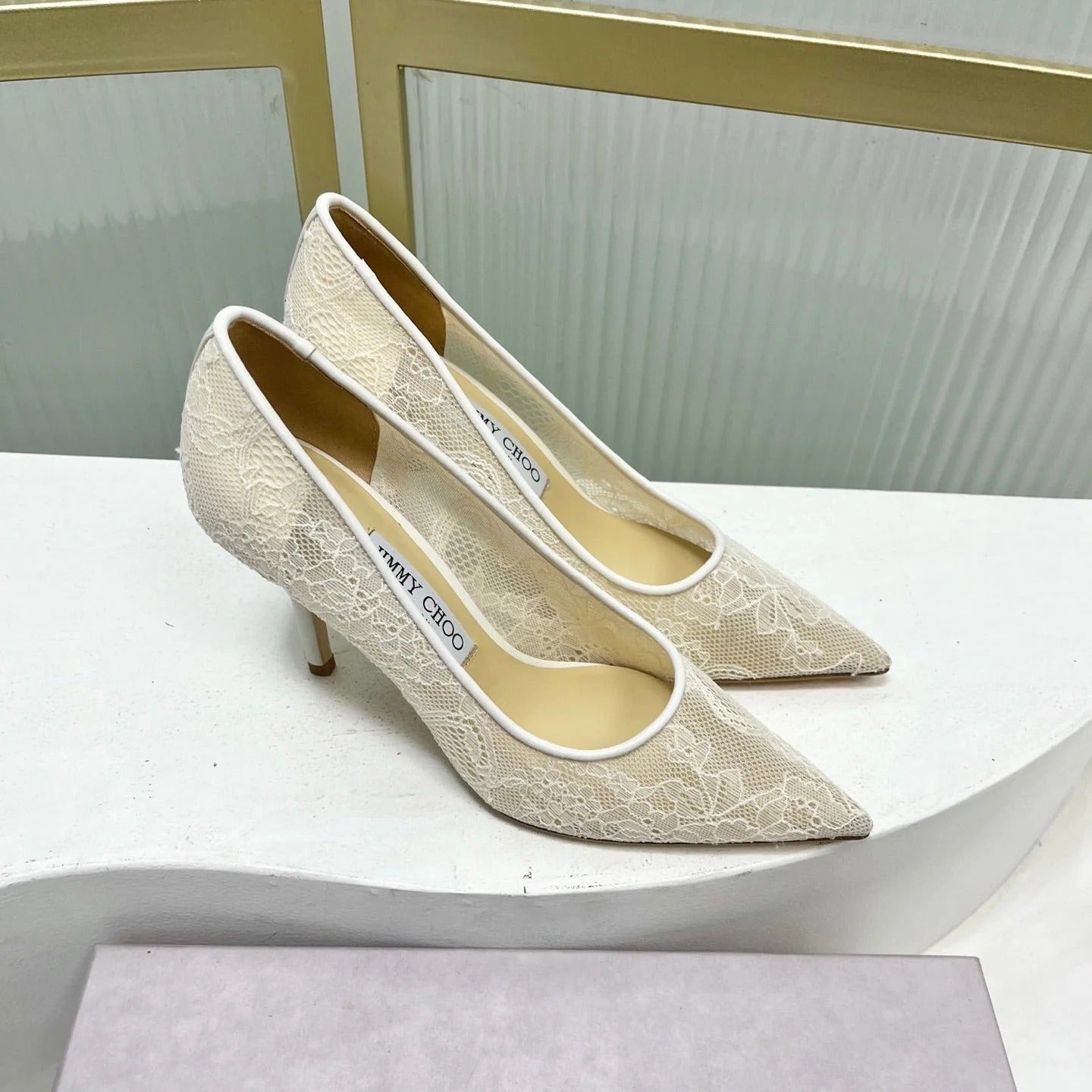 Jimmy 26s Heel Pump 85 Ivory Beige Lace Sheepskin 605950