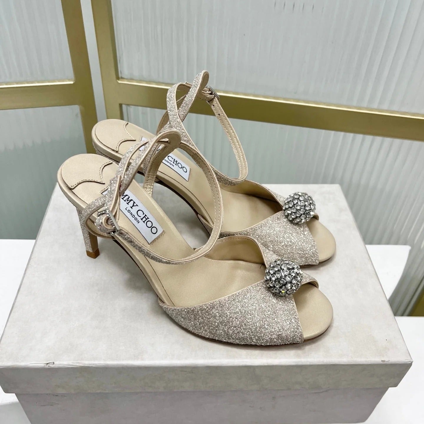 Jimmy 26s Peep-Toe High Heels 85 Beige Lace Sheepskin 605976