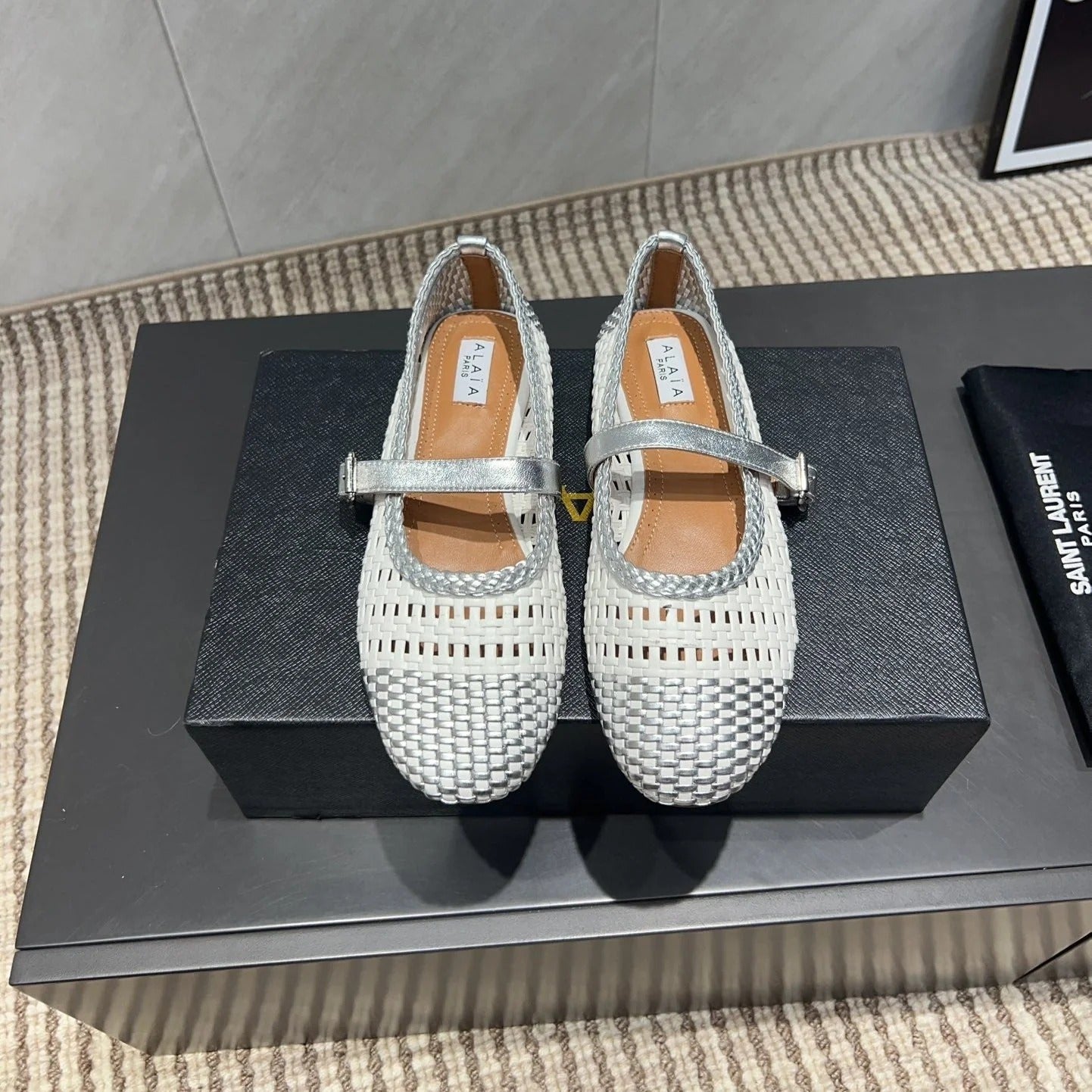 Alaia Mary Jane Flats Woven Pattern 25s In White Mix Grey Calfskin