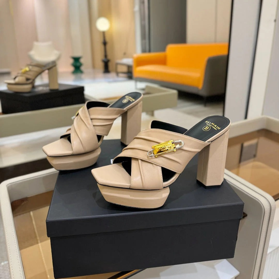BALMAIN 25S WEDGE HEEL SANDALS 100MM IN NUDE CALFSKIN