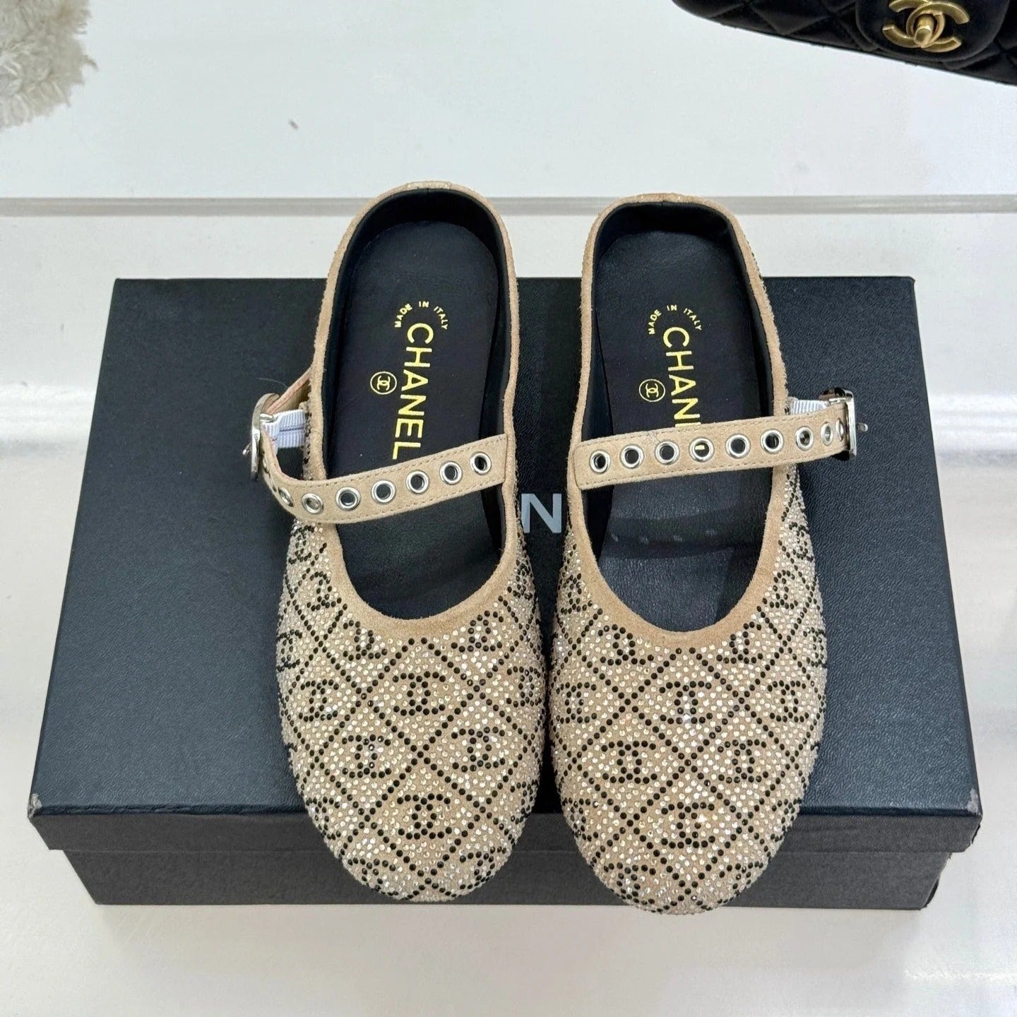 CC Flat Mules 25ss In Beige Embellished With Rhinestones