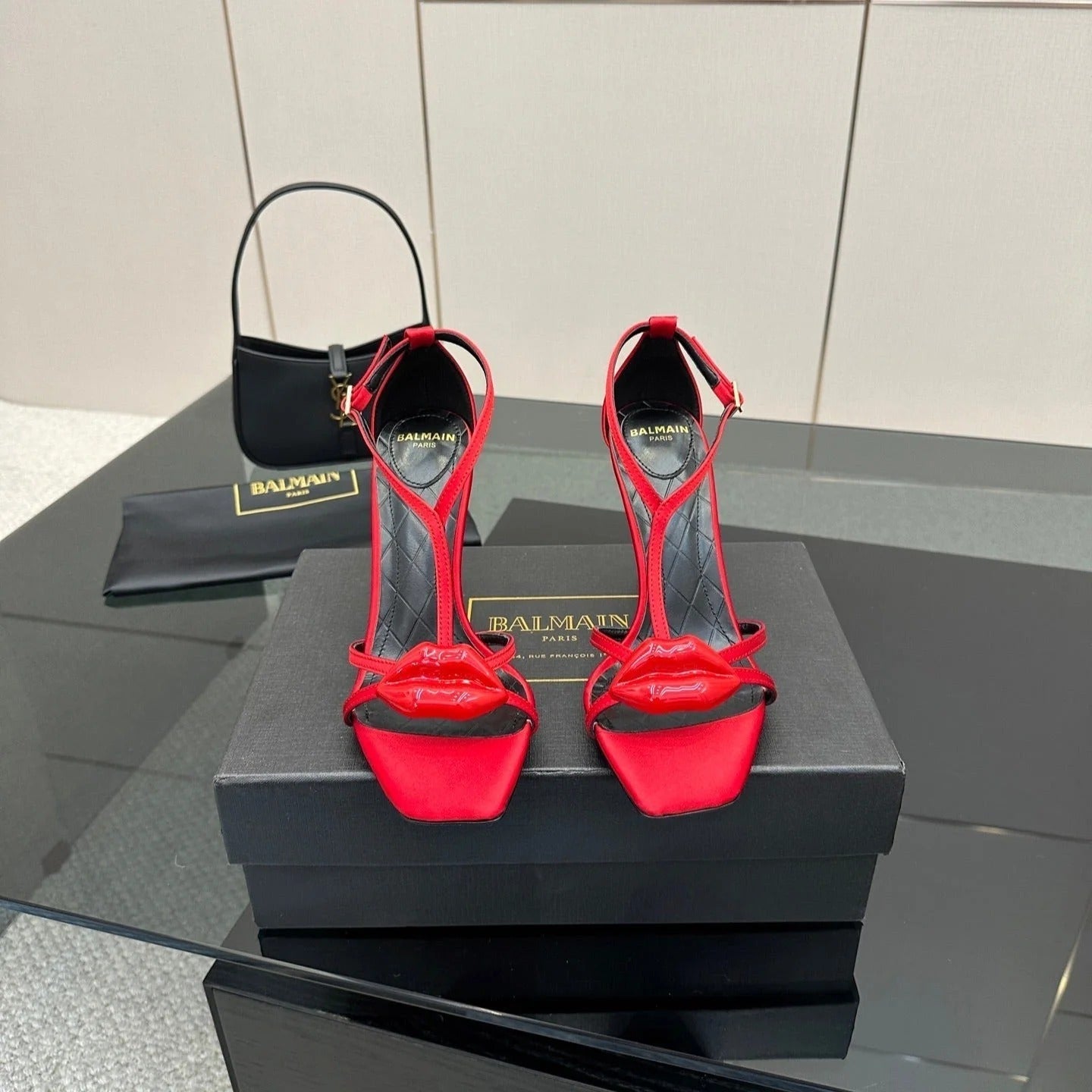 BALMAIN 25S LIPS SANDALS 10 IN CRIMSON RED SATIN