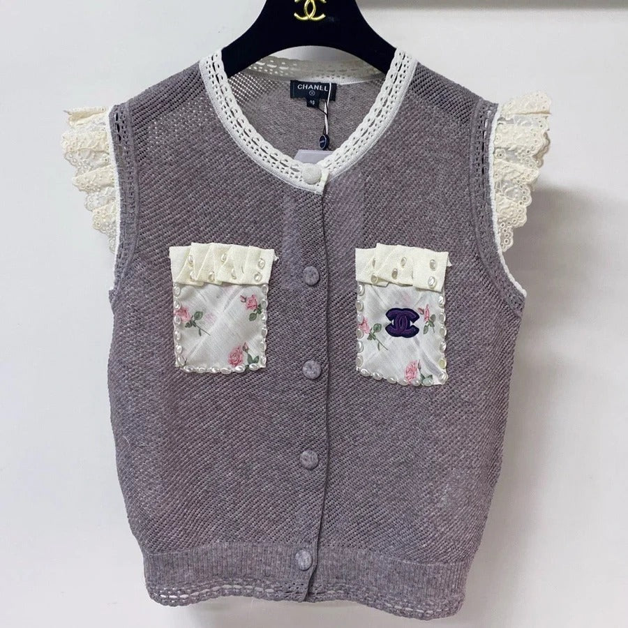 Chanel 2026 Lace Trim Knit Vest Purple Floral Details Wool Laine 463560