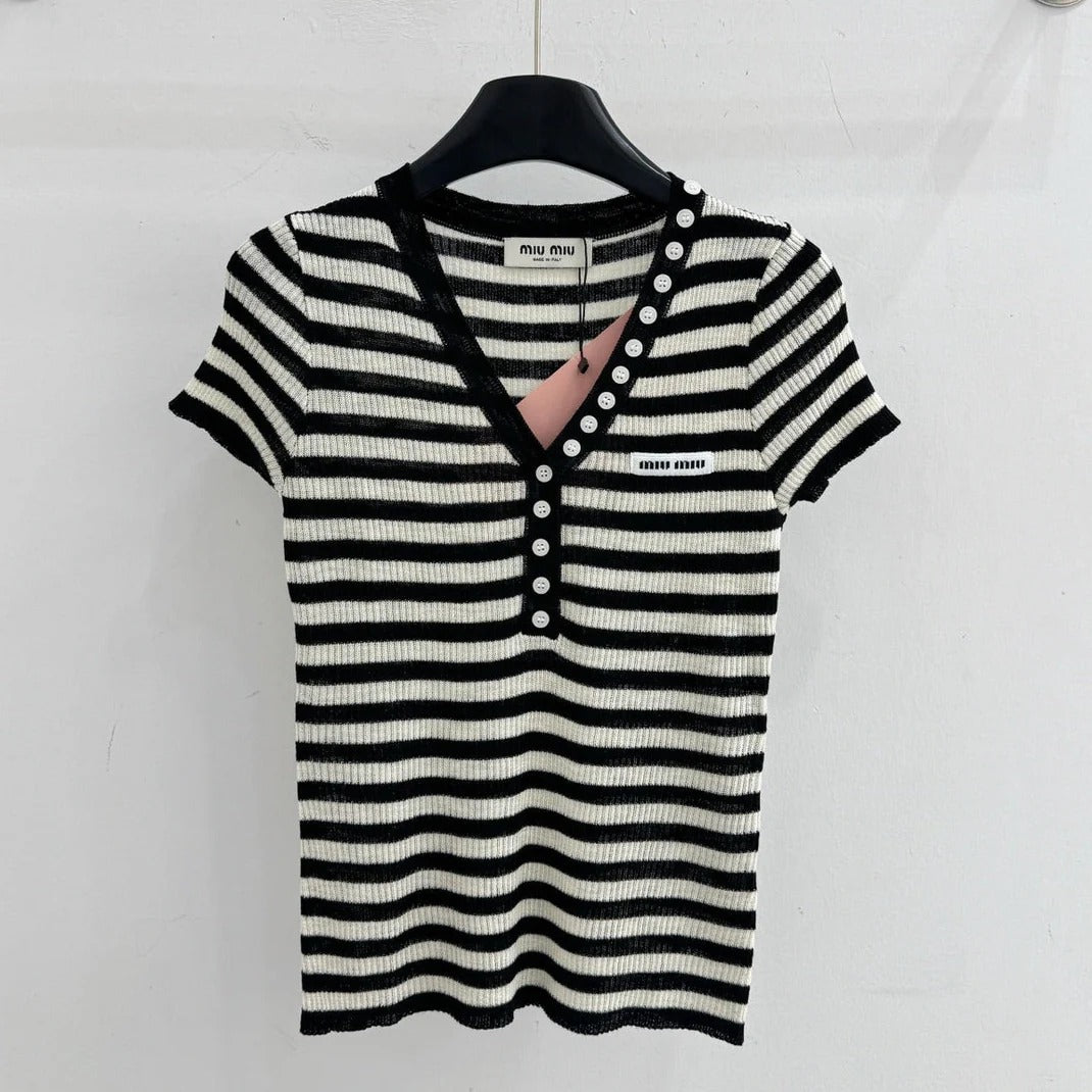 Miumiu 2026 Half-button Striped Knit Top Black White Wool 521196