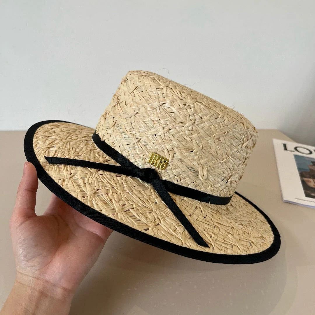 MM STRAW HAT IN BEIGE RAFFIA MIX BLACK FABRIC TRIM