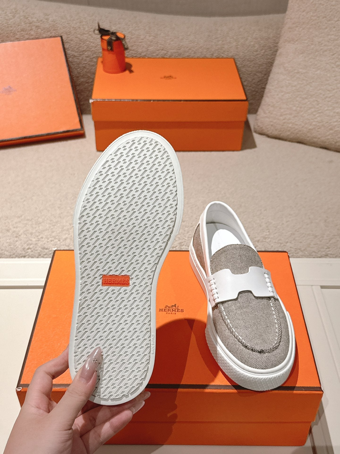 HM 25ss Platform Loafers Gray White Denim Cowhide 577167