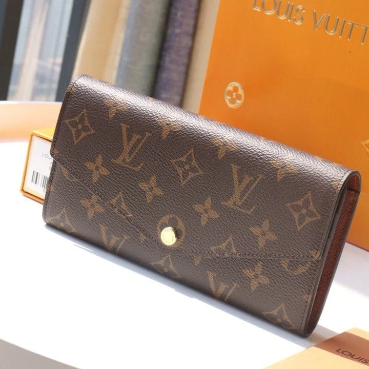 LV 2025 Sarah Folding Long Wallet Brown Canvas Leather