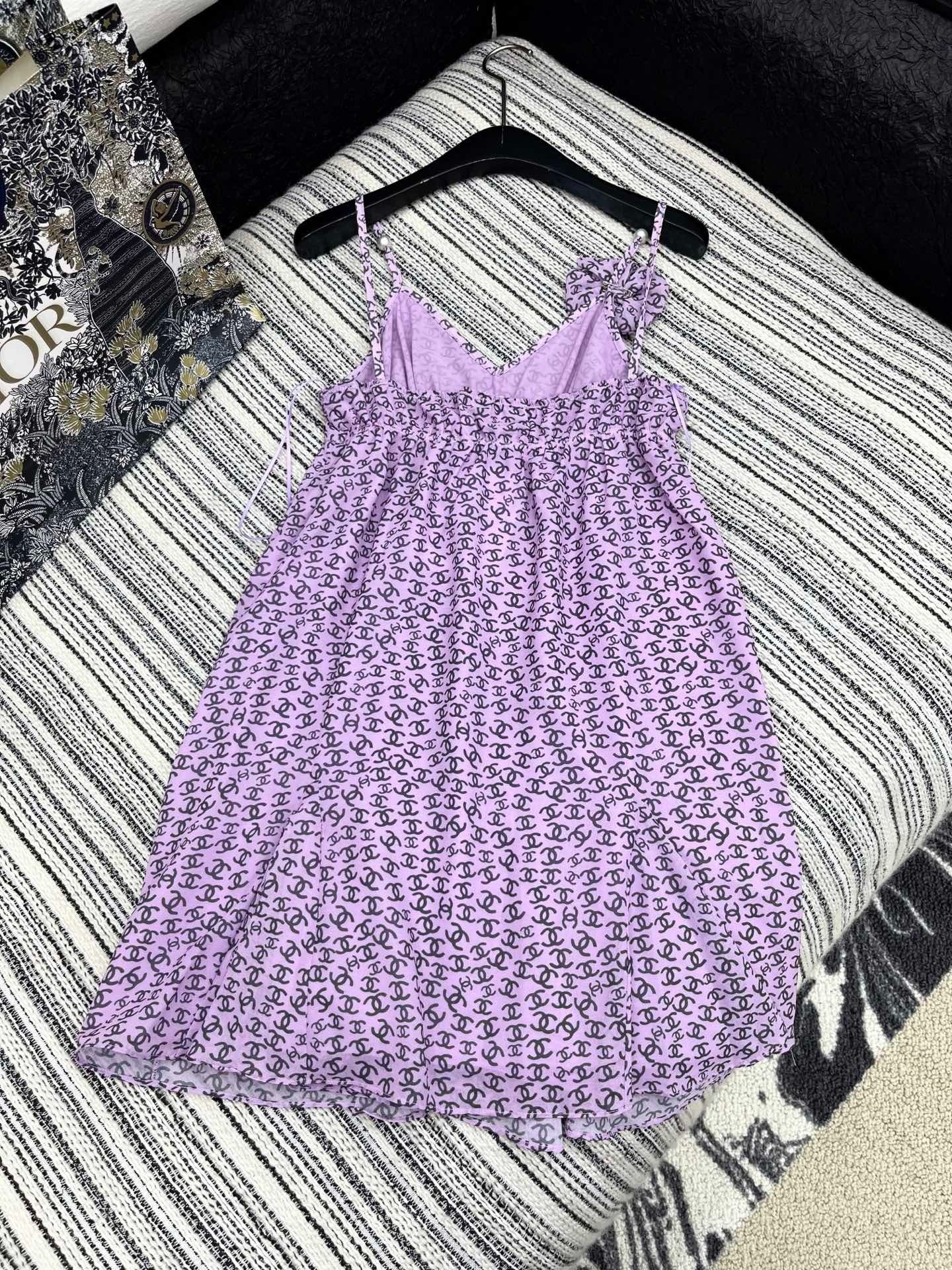 CHANEL PURPLE SILK CAMELLIA DRESS WITH PEARL DETAILS
