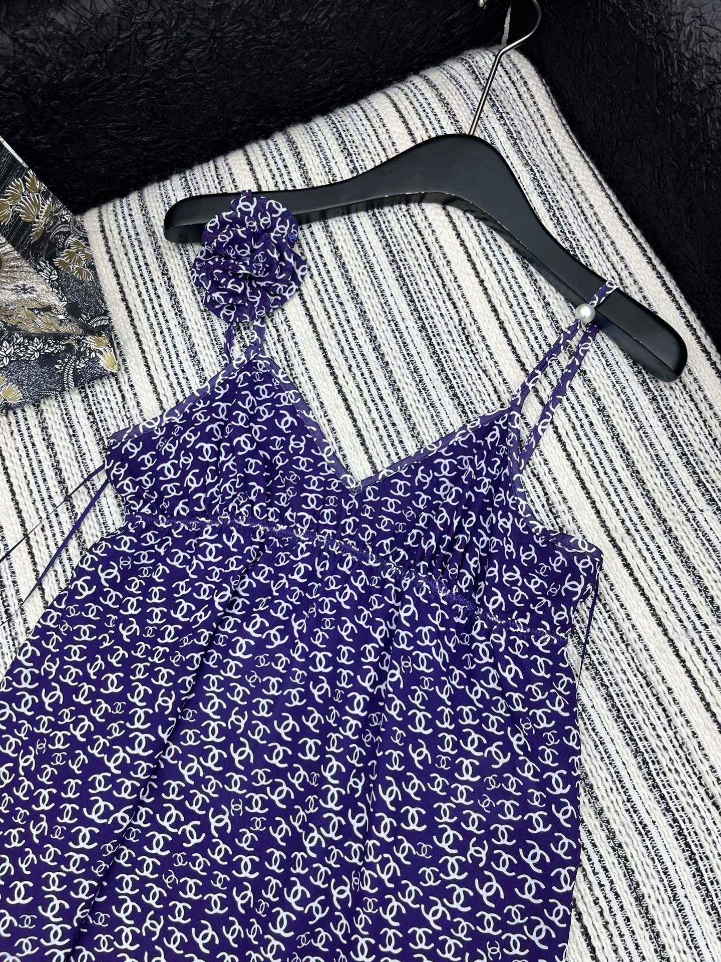 CHANEL DARK PURPLE SILK CAMELLIA DRESS WITH PEARL DETAILS