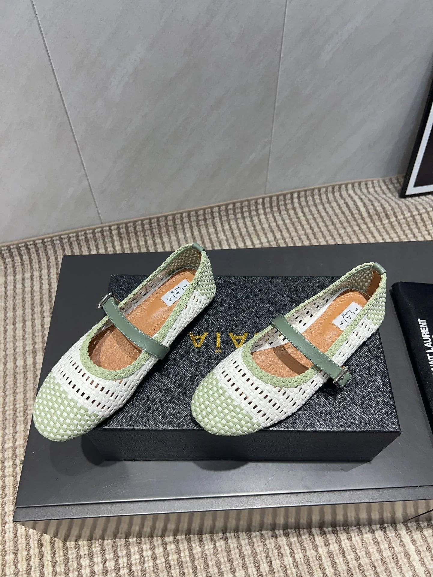 Alaia Mary Jane Flats Woven Pattern 25s In White Mix Pastel Green Calfskin