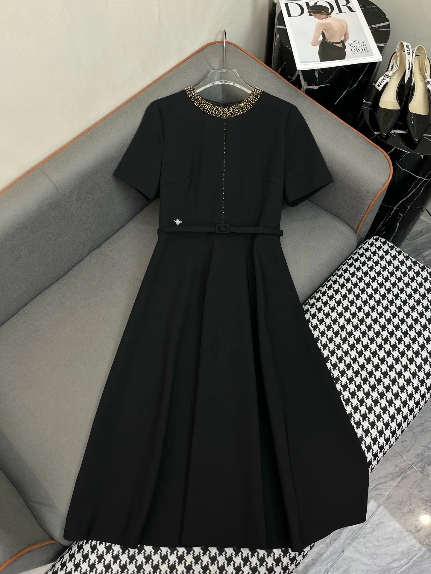 DIOR DRESS WITH BELT AND METAL-EMBELLISHED COLLAR 219281