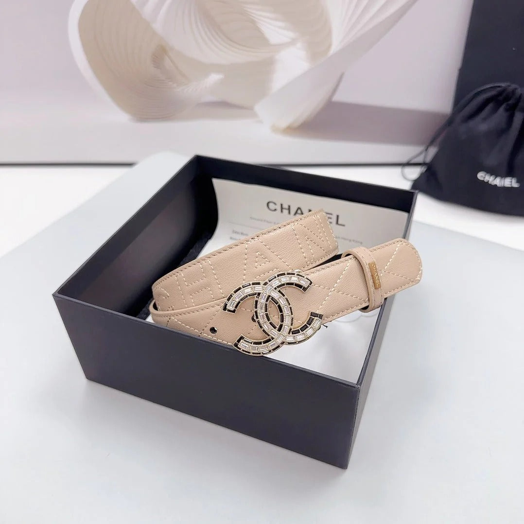 CC 30MM BELT IN BEIGE CREAM EMBROIDERED CALFSKIN METAL HARDWARE
