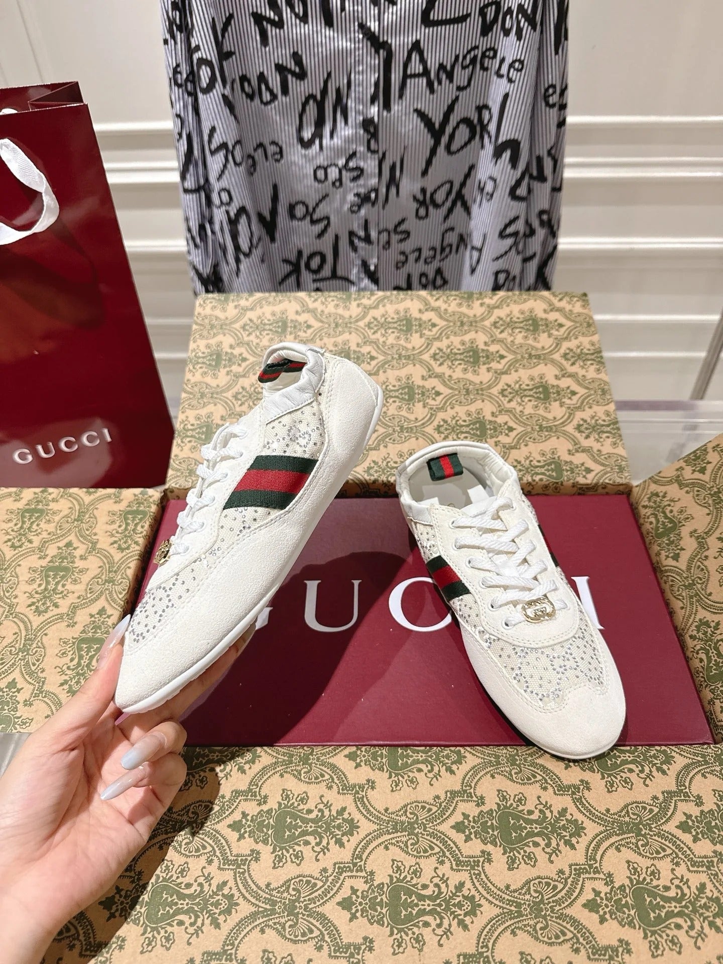 Gucci 2025 Shift GG Crystal Sneaker Off-white Suede Fabric