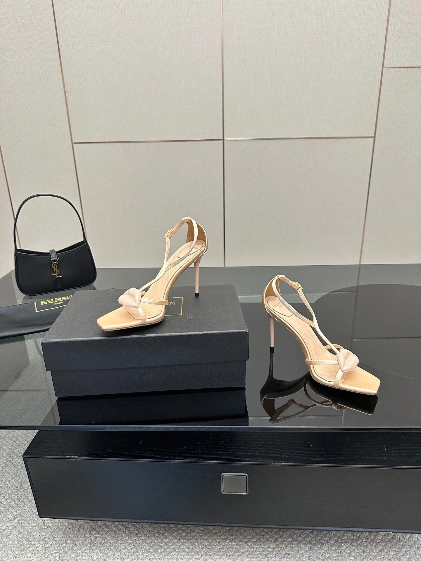 BALMAIN 25S LIPS SANDALS 10 IN BLUSH BEIGE SATIN