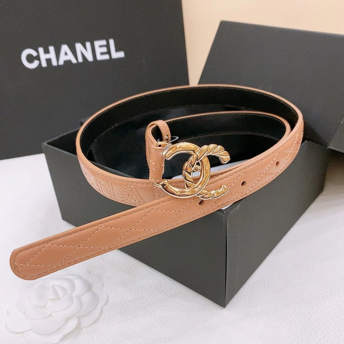 DOUBLE C BELT 20MM IN SAVANNA BROWN CALFSKIN WITH QUILTED STITCHING SPIRAL GOLD BUCKLE