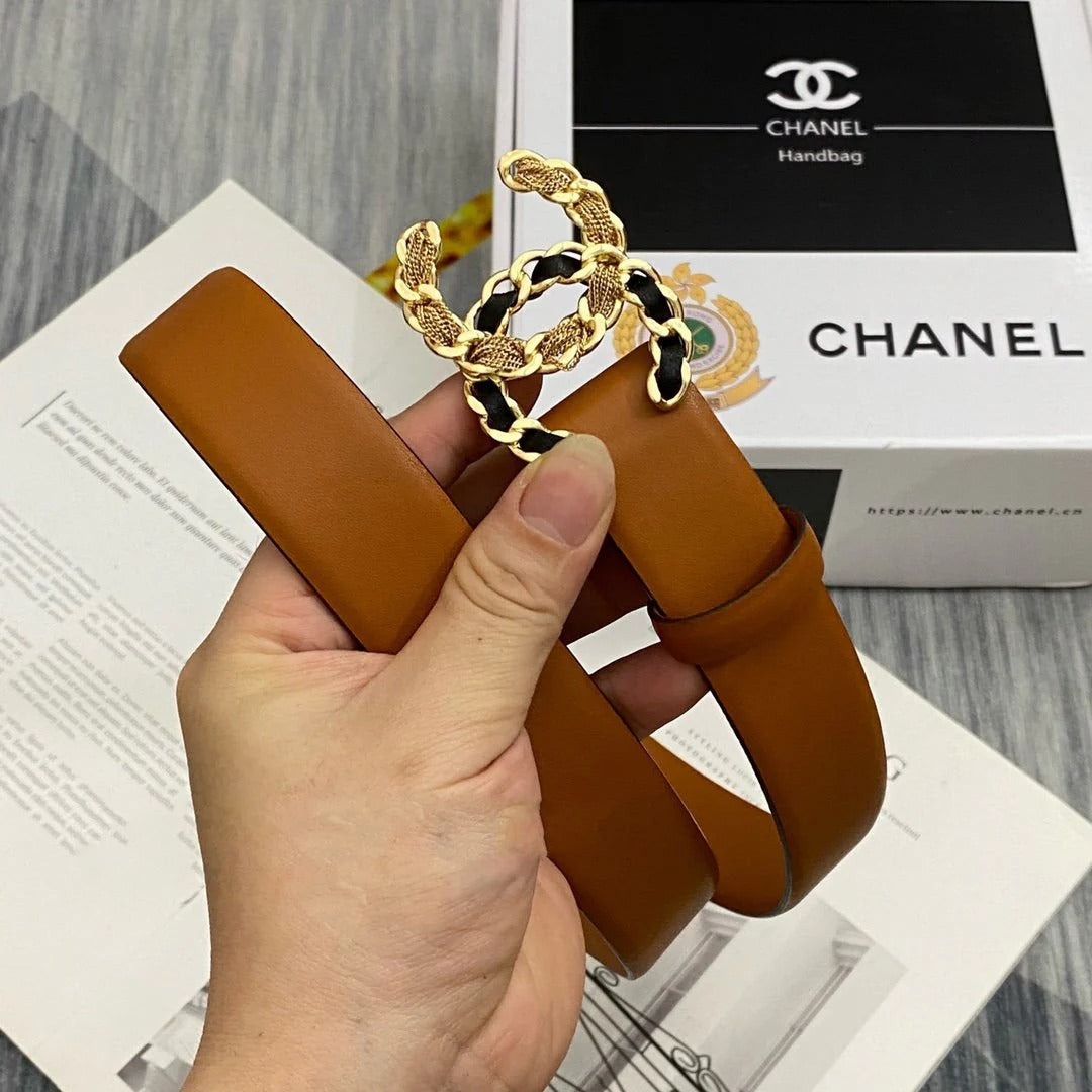 CC Women's Belt 3.0CM Brown Cowhide Gold Black Buckle 586519