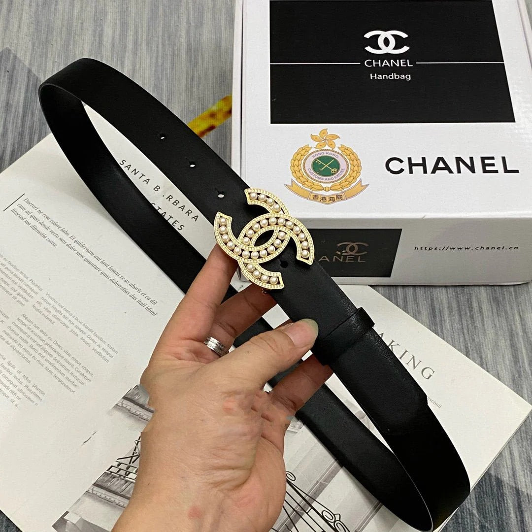 CC Women's Belt 3.0CM Black Cowhide Gold Pearl Buckle 586521