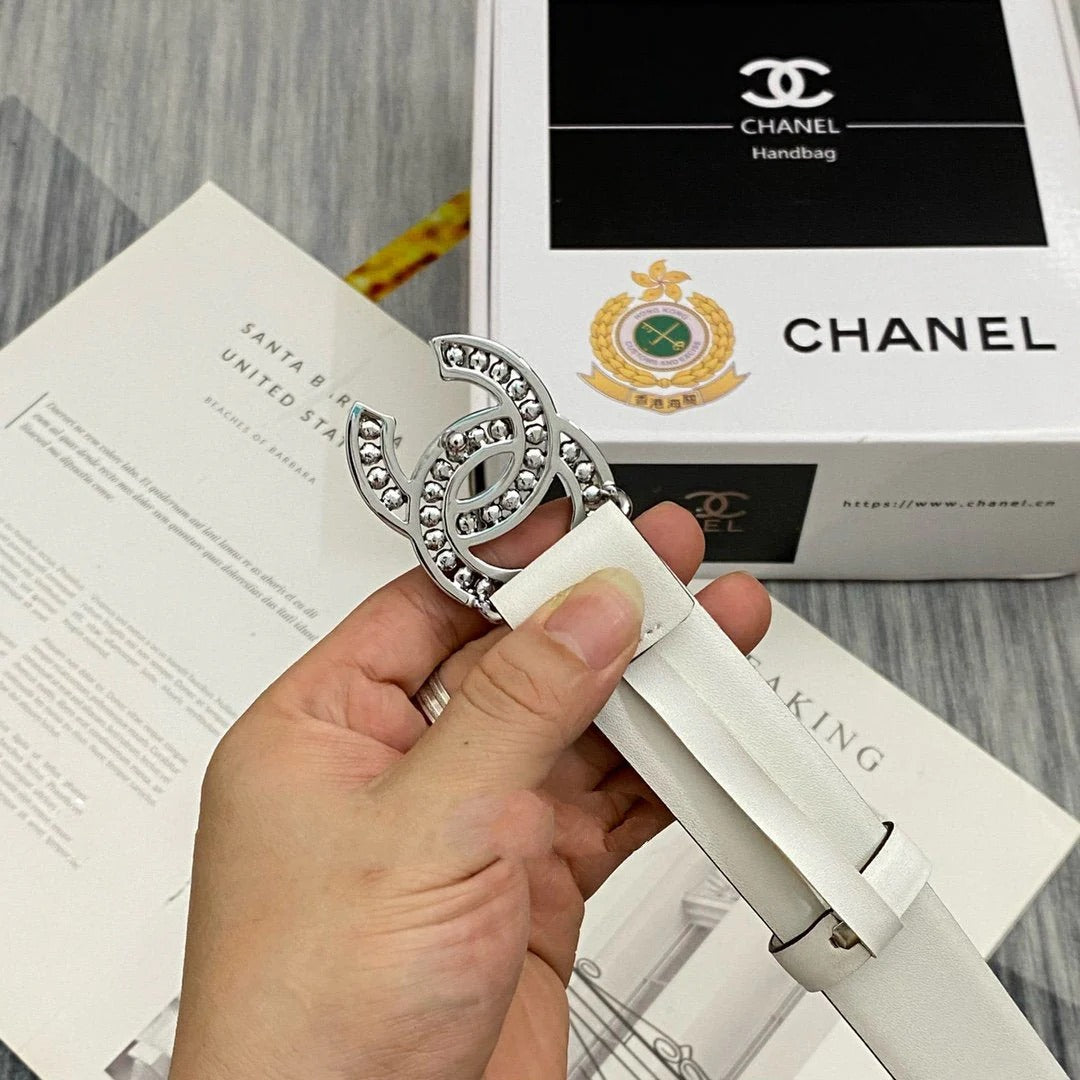 CC Women's Belt 3.0CM White Cowhide Sliver Pearl Buckle 586520