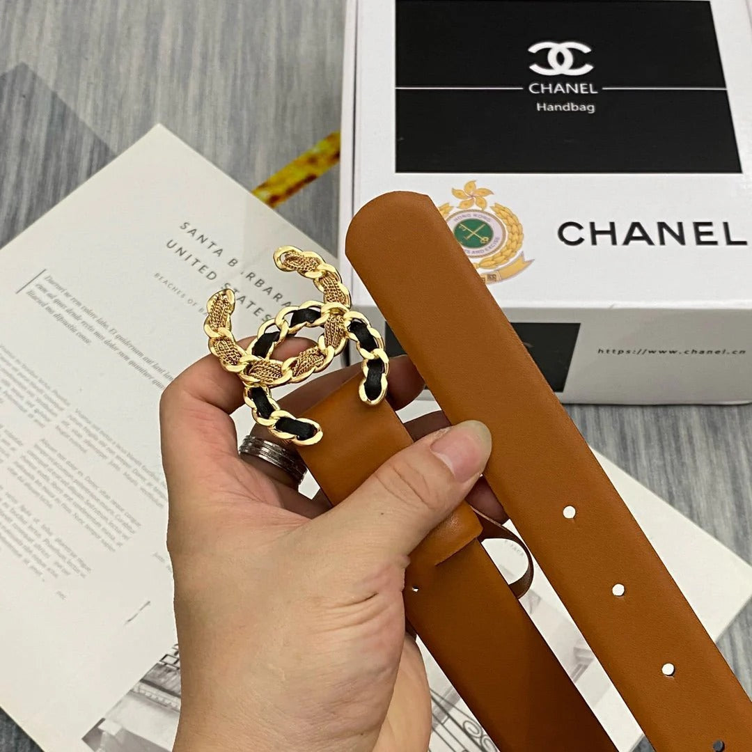 CC Women's Belt 3.0CM Brown Cowhide Gold Black Buckle 586519