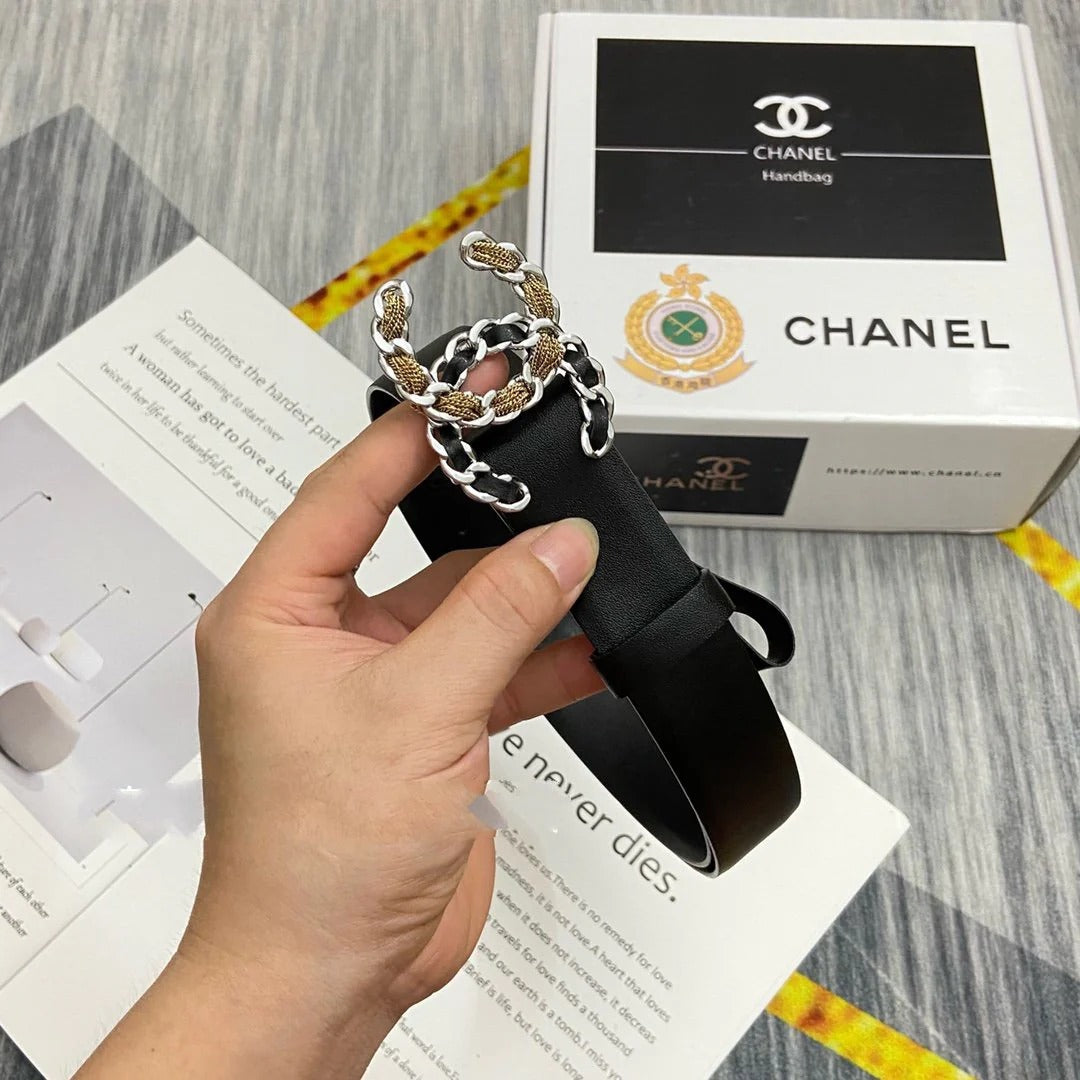 CC Women's Belt 3.0CM Black Cowhide Black Gold Sliver Buckle 586510