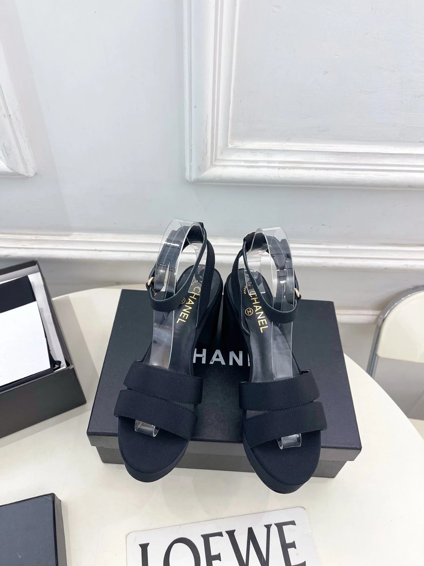 CC 26s HighHeeled Platform Sandals 85 Black Striped Fabric 631870