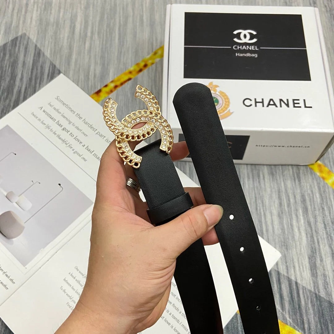 CC Women's Belt 3.0CM Black Cowhide Gold Diamond Buckle 586509