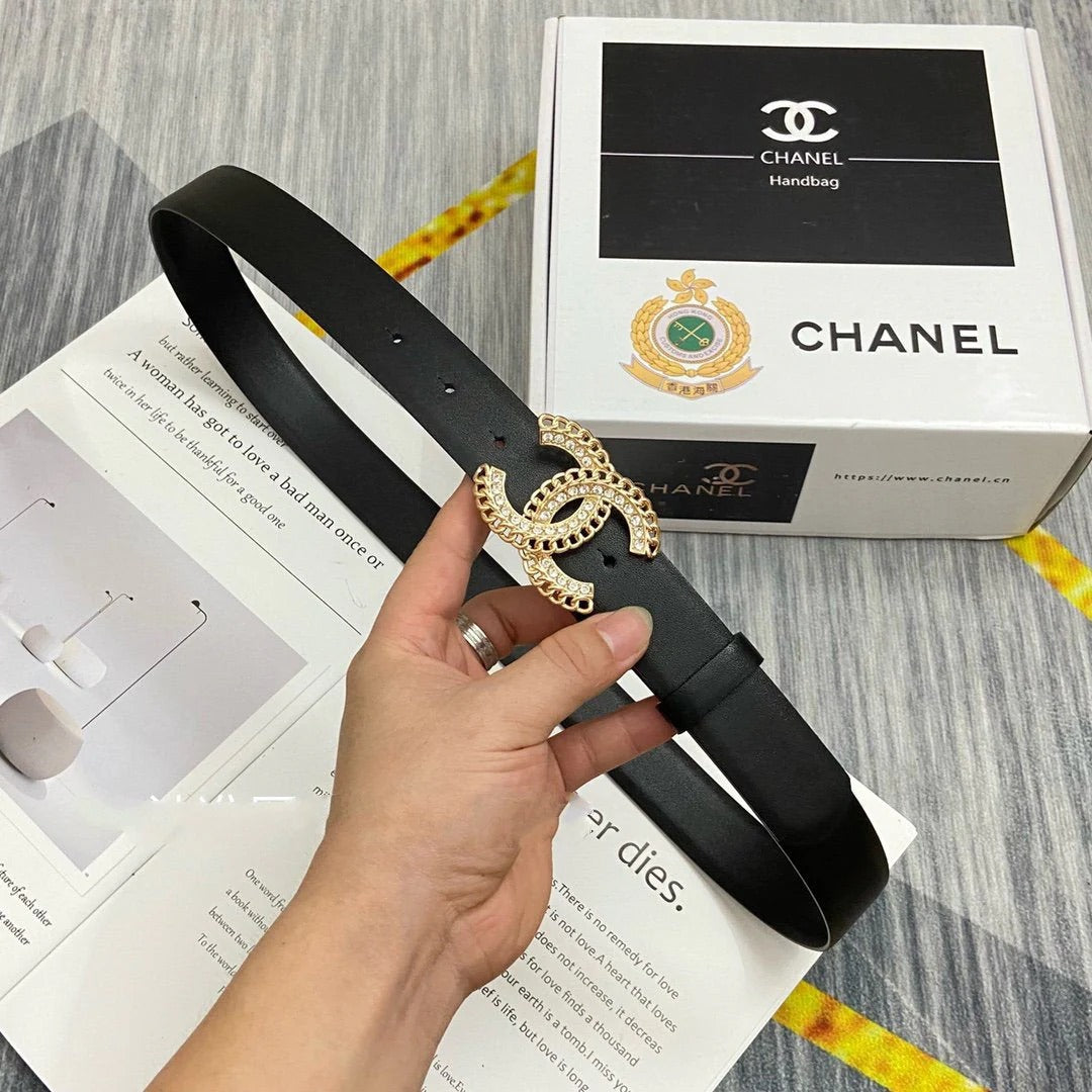 CC Women's Belt 3.0CM Black Cowhide Gold Diamond Buckle 586509