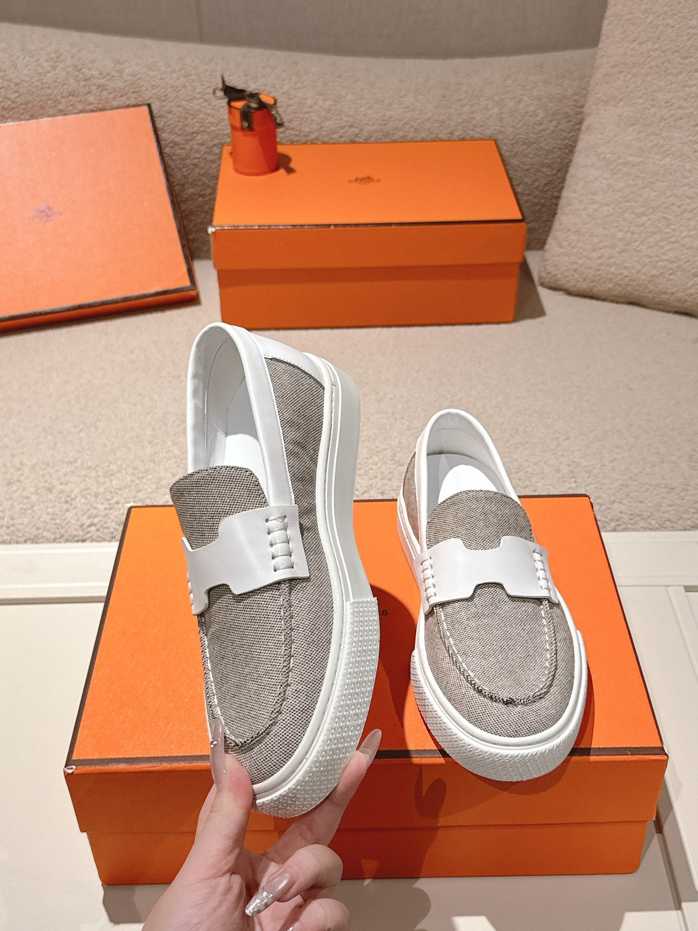 HM 25ss Platform Loafers Gray White Denim Cowhide 577167