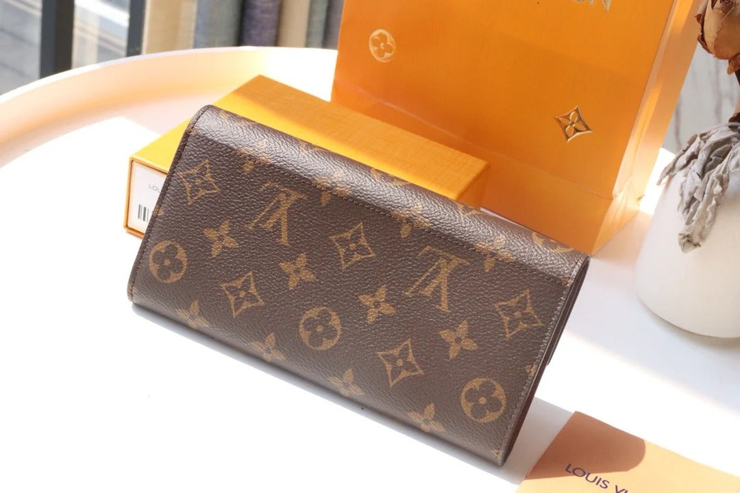 LV 2025 Sarah Folding Long Wallet Brown Canvas Leather