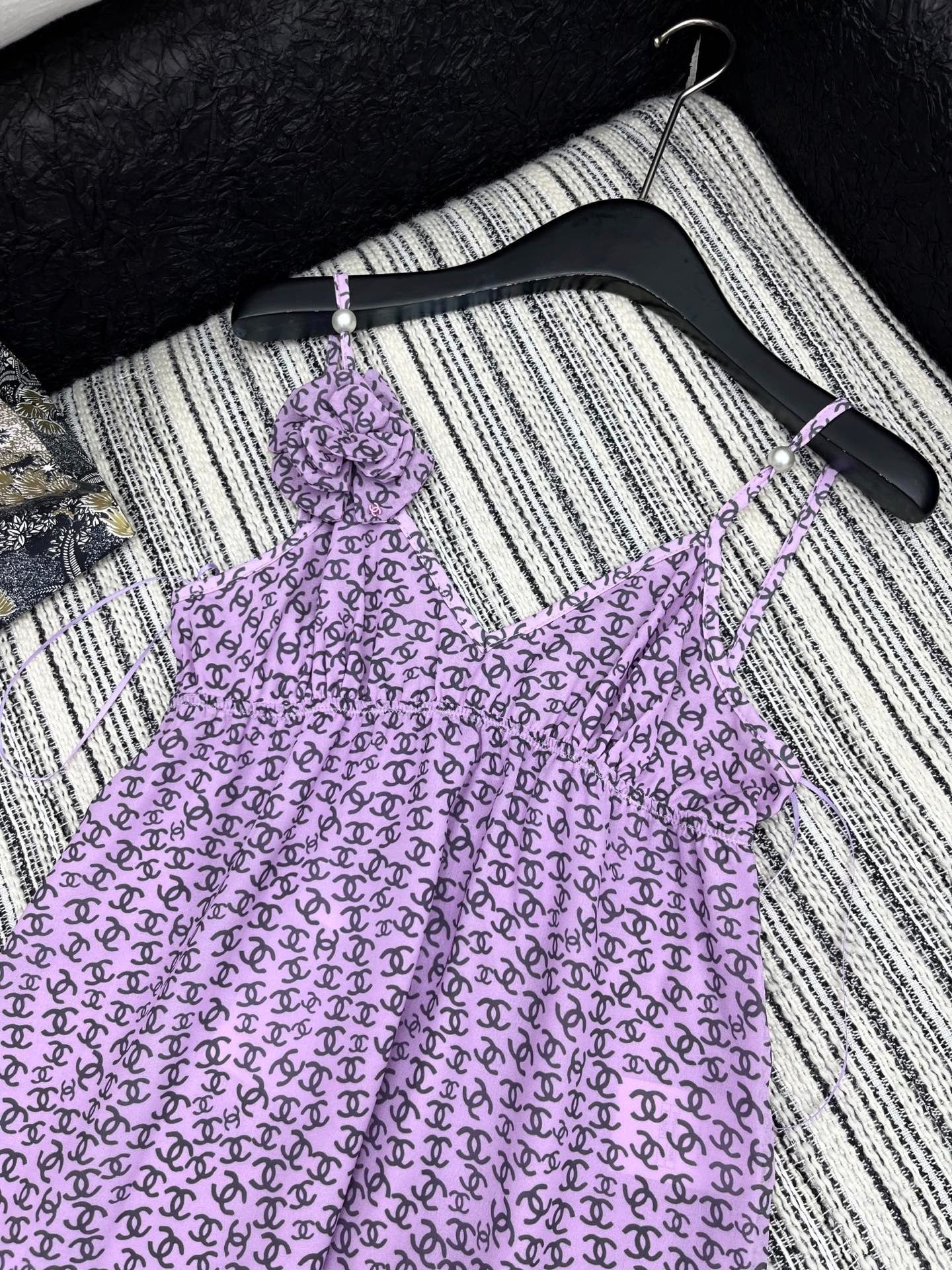 CHANEL PURPLE SILK CAMELLIA DRESS WITH PEARL DETAILS